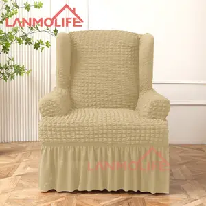 European Classical Single-Seat Sofa Cover Solid Pattern Seersucker All-Inclusive Elastic Wing Back Chair Cover Support Sample