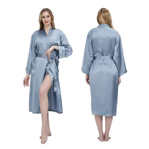 Luxury Ladies Mulberry Silk Satin Gown Robe Silky Kimono Bathrobe for Woman Silk Dress Custom LOGO