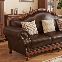 Muebles de Salón, Juego de Sofás de Madera, Sofá de Cuero de Madera Maciza de 1-2-3 Plazas, Sofá Reclinable Modular Moderno Americano