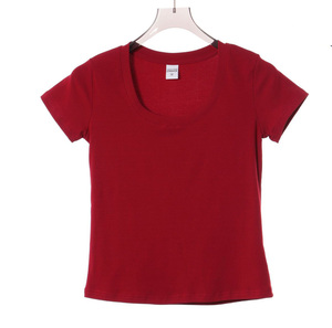 T-shirt court à col U pour femme, 92% coton, 8% élasthanne, avec logo brodé personnalisé, t-shirt court extensible à col rond pour femme - Product Image 3