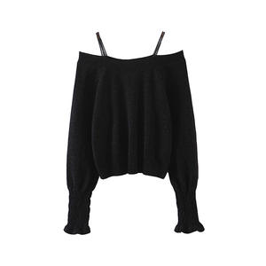 Pull tricoté à épaules dénudées pour femme Runqi, manches bouffantes, couleur unie, en chenille, N8201 - Product Image 2