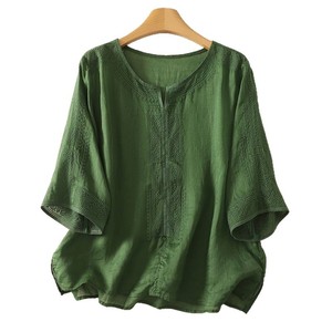 Chinese Style Cotton <b>Linen</b> Embroidered V Neck Short Sleeve T Shirt Women Summer Loose Fit <b>Plus</b> <b>Size</b> Literary <b>Top</b> - Product Image 5