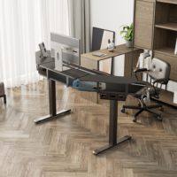 Bureau de jeu réglable en hauteur de nouvelle conception avec étagères convertibles à LED, moteur double électrique, design à fentes, noir