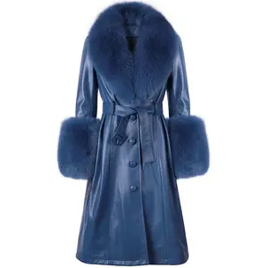 Long style sheepskin leather jacket fox fur collar winter coat real fur trim women warm jacket