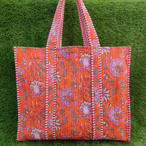 Quilted Tote <b>Bag</b> 100% Cotton Handpainted Floral Yogic Design Eco-Friendly Sustainable Boho Weekend Beach Shopping Shoulder Patch - Product Image 1