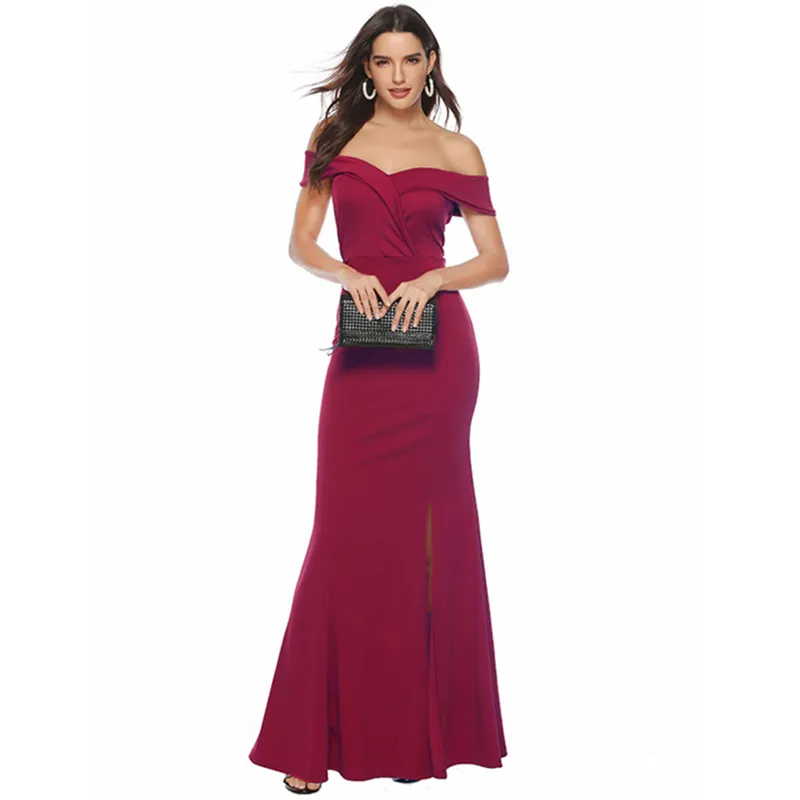 Off Shoulder Sexy Wedding Guest Red Split Hem Women Long Bridesmaid Dresses