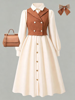 Ensemble deux pièces pour fille automne 2026 : Gilet rayé marron à manches longues + Robe longue beige – Ensemble Preppy 2 pièces