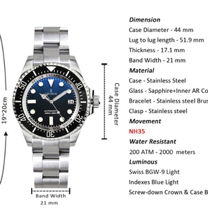 Montre de plongée automatique Cronos L6009 en acier inoxydable, résistance à l'eau 2000 mètres, plongeur professionnel NH35 - Product Image 2