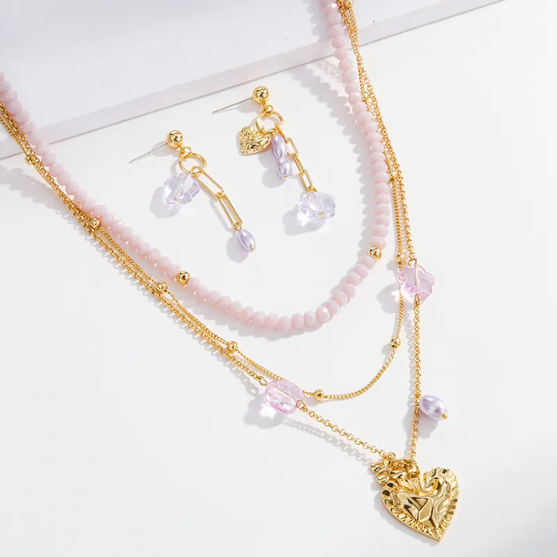 Women Jewelry Elegant Lavender Purple Crystal Beaded Necklace Golden Heart Pendant Necklace Layered 18K Gold Plated Necklaces