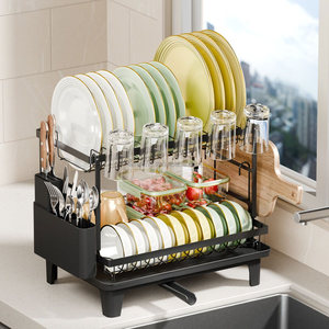 WIREKING Égouttoir à vaisselle pliable à 2 niveaux pour évier avec support pour planche à découper et porte-ustensiles - Product Image 1