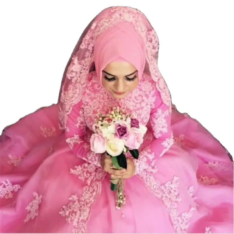 Manufacturer custom Pink romantic muslim wedding dress long sleeve lace wedding muslim wedding dress bridal gowns