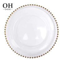 Plateau de chargeur en verre perlée or, vaisselle créative et légère, de luxe, en verre avec motifs décoratifs, style occidental 13 pouces, transparent épais