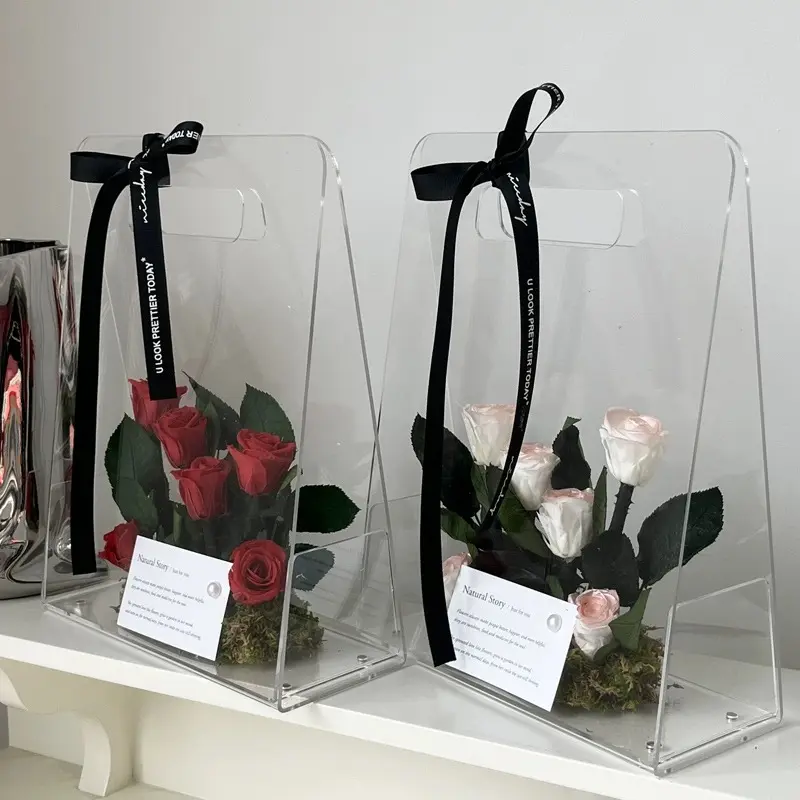 Saco de flores transparente de plástico para presente, caixa de acrílico transparente com alça, sacola transparente para buquês de dia dos namorados, novo design