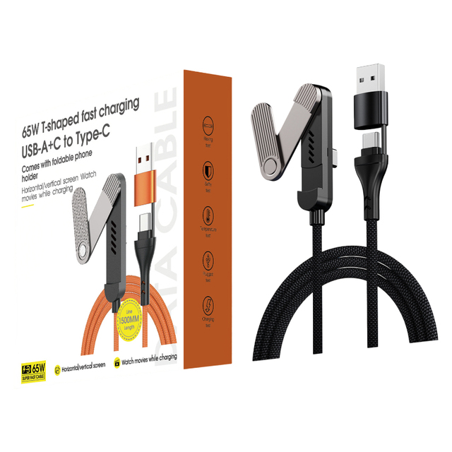 Factory Wholesales 2in1 65W Fast Charging Cable Type C to C with Adjustable Folding Phone Stand Right-angle Nylon Braided Wire