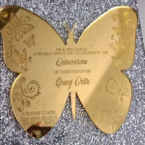 Inviti di nozze in acrilico con specchio dorato personalizzato biglietto di Design a farfalla Laser inviti a specchio per matrimoni economici di lusso
