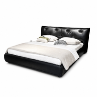 Cadre de lit en cuir véritable noir, taille King Queen, tête de lit capitonnée moderne, lit plateforme rembourré pour chambre à coucher, hôtel, appartement