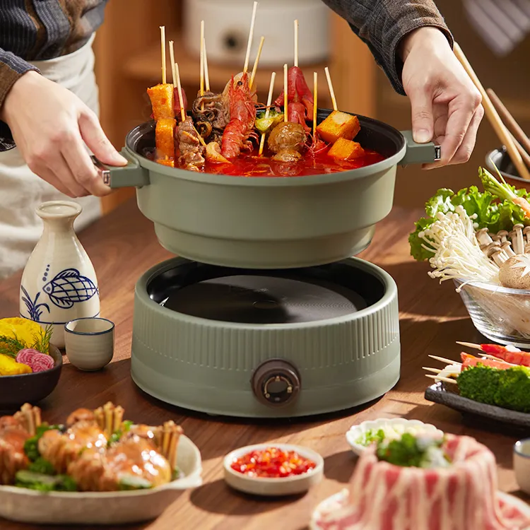 Wholesale OEM green multifunctional non-stanaick smokeless BBQ 2 in 1 Electric Hot Pot Grill Cooker Pan