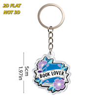 Porte-clés en acrylique pour les amoureux des livres, Livre bleu avec fleurs violettes et bannière, Breloque à bord transparent, Anneau métallique + Chaîne, pour clés ou fermeture éclair de sac