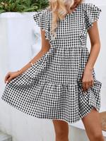 Robe mini à volants et manches à volants en gingham noir et blanc, robe babydoll ample à col rond