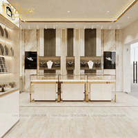 Vitrines murales pour bijoux, présentoirs de comptoir pour bijoux, design de boutique plaqué or, service de décoration de magasin
