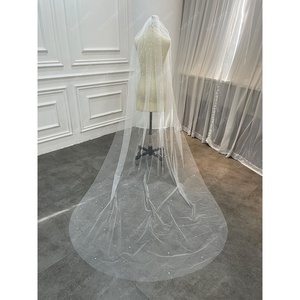 Velos y accesorios de boda hechos a mano para novia, velo de tul personalizado con borde cortado, marfil, Media perla, venta al por mayor - Product Image 1