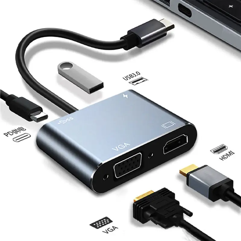 Usb C Hub Vga 4-In-1, Konverter Komputer Ponsel, Ekspansi Port Usb Tipe-c Ke HD VGA Cocok untuk Ponsel