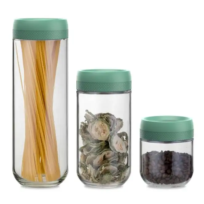 Food & spice sturdy glass jars storage 3pcs with magnifying lid, 350ml/800ml/1300ml