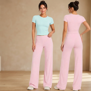Conjunto de Yoga de 2 Piezas para Mujer, Top Corto de Manga Corta con Cuello Redondo, Pantalones Anchos de Cintura Alta, Ropa Deportiva Sólida - Product Image 3