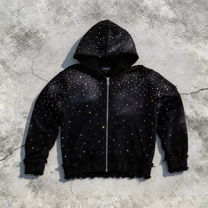 Sweat à capuche <span class=keywords><strong>noir</strong></span> oversize en coton French Terry de haute qualité, effet délavé, style streetwear, avec fermeture éclair et strass personnalisés - Product Image 1