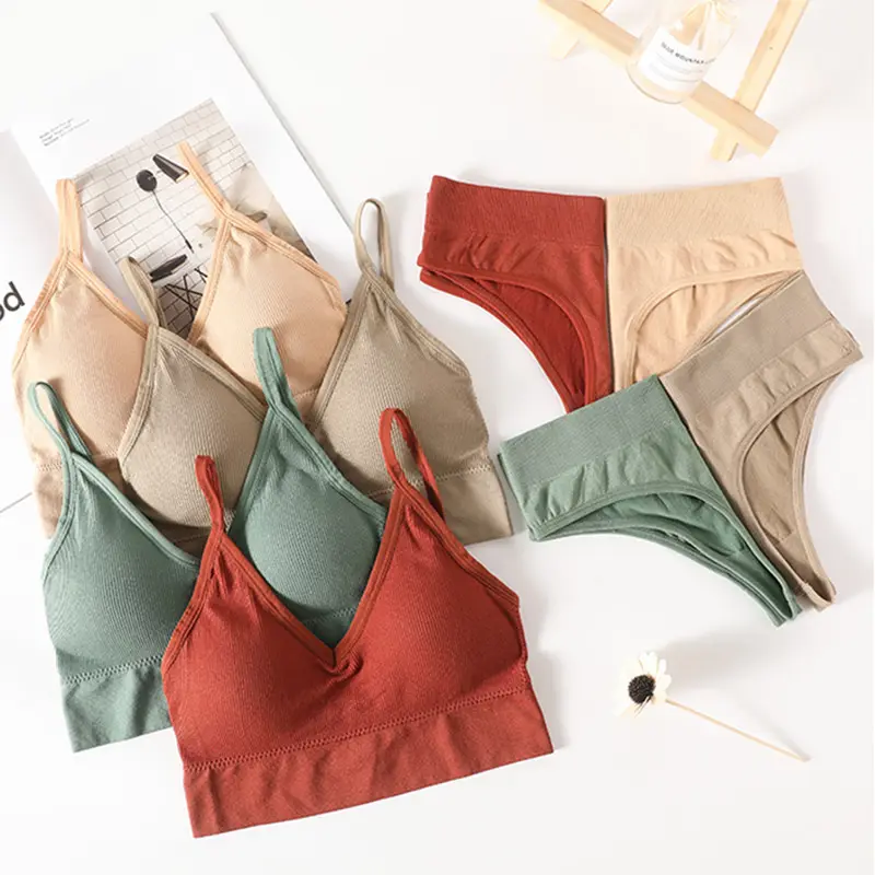 Celana Dalam Bralette Berbantalan Wanita, Setelan Celana Dalam Thong Katun Tanpa Kelim, Pakaian Dalam Crop Top Remaja Fitness Bergaris