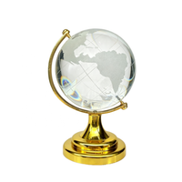 Globe terrestre en verre transparent artisanal avec base en métal doré ou argenté, ornement décoratif de bureau, boule de cristal, cadeau