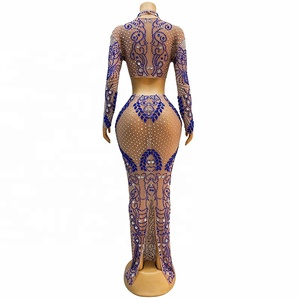 Sexy strass <span class=keywords><strong>blu</strong></span> argento cristalli matrimonio compleanno maniche lunghe cantante ballerina Set di due pezzi - Product Image 6