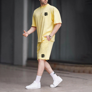 Ensemble de survêtement de sport pour homme, été, 180 g/m², 100 % coton, anti-transpiration, impression personnalisée, coupe ample, t-shirts et shorts - Product Image 2