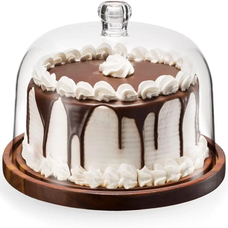 वाटरप्रूफ ऐक्रेलिक डोम ढक्कन केक पैन सर्वर ट्रे के साथ HENGYU बबूल की लकड़ी के केक स्टैंड