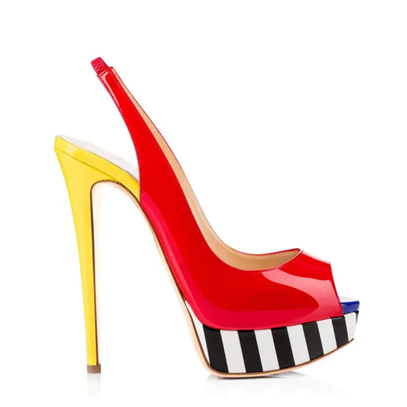 WETKISS รองเท้าส้นสูงทรงเข็มสำหรับผู้หญิง,รองเท้าแพลตฟอร์มเปิดนิ้วเท้าหนัง PU สีแดงรองเท้าส้นตึกสำหรับฤดูร้อนปี15/46