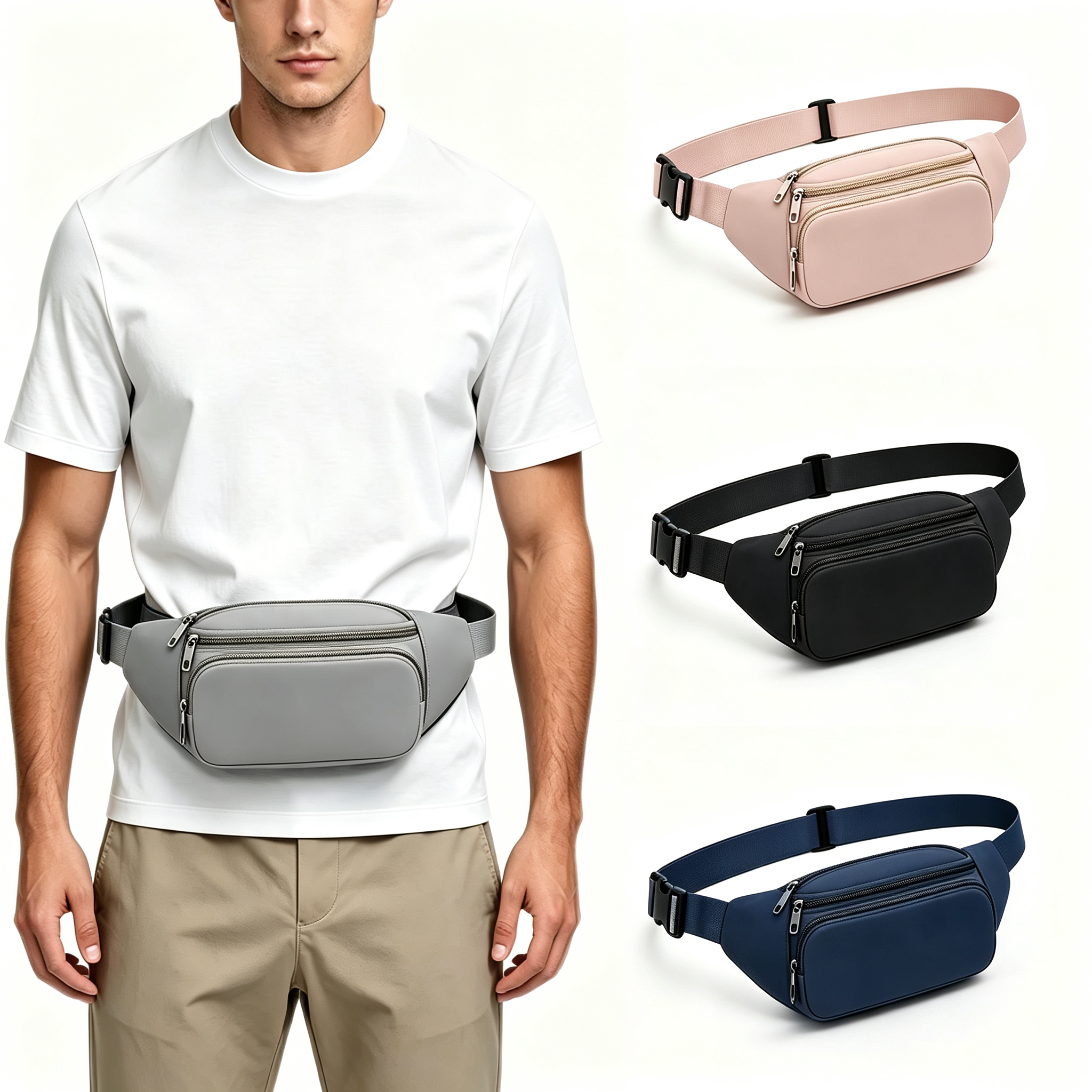 Nylon Fanny Pack Multi Zipper Pockets Adjustable