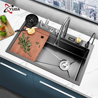 Évier de cuisine noir à double bol Nano avec porte-couteau amovible pour robinet à cascade Affichage numérique Forme carrée Conception à trou unique