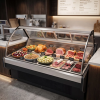 Vitrine réfrigérée professionnelle pour charcuterie avec porte arrière, refroidissement direct et verre panoramique pour supermarché commercial et délicatessen