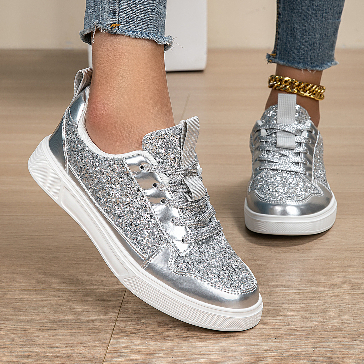 Casual Sports Women's Glitter Sparkling Diamond Sneakers, Sizes 36