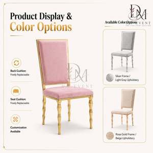 Chaise de mariage rectangulaire avec dossier rembourré en acier inoxydable doré et revêtement rose pour les mariages et les événements de banquet - Product Image 4