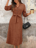 Robe chemise mi-longue en velours côtelé pour femme, manches longues, col en V, boutonnée, ceinturée, collection automne-hiver, par les fabricants de vêtements