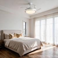 Ventilateur de plafond LED moderne en métal avec télécommande, 6 vitesses, 4 pales, 3 couleurs changeantes, CRI 97, silencieux 29 dB, moteur AC, intensité variable, pour chambre et salon