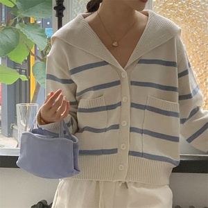 Maglione con bottoni alla francese per la produzione di maglieria da <span class=keywords><strong>donna</strong></span> primavera e autunno nuovo cappotto con bottone a righe a colori larghi - Product Image 3
