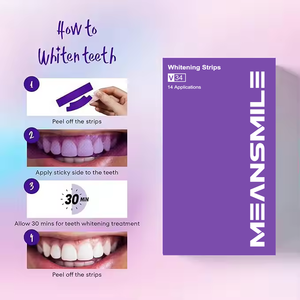 Bandes blanchissantes pour les <span class=keywords><strong>dents</strong></span> Meansmile, bio, véganes, violettes, <span class=keywords><strong>blanches</strong></span>, résistantes, de qualité supérieure, 14 paires, marque privée - Product Image 3