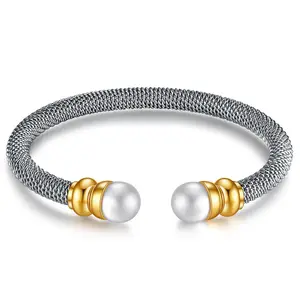 Cable Bracelet Stainless Steel Fashion Jewelry Twisted Line C Type Adjustable Size Bangles Pearl Bracelets For Women