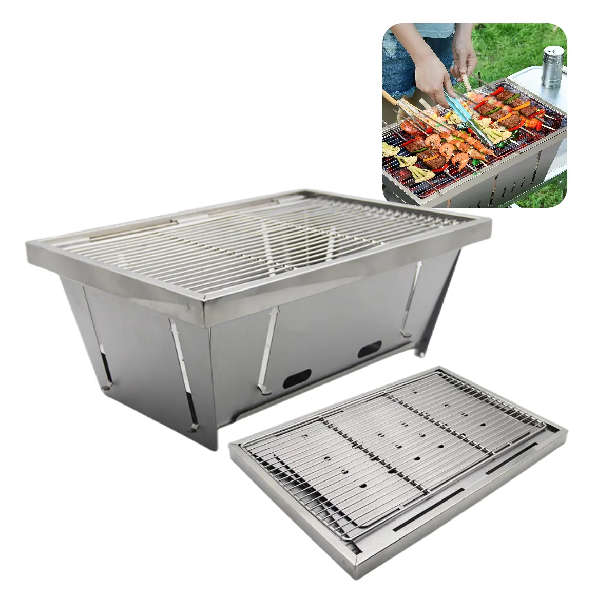 Griglia manuale pieghevole pieghevole in acciaio inox per Barbecue da campeggio con griglia a carbone