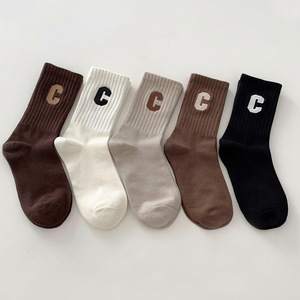 Women Mid Calf Socks Solid Color Cotton C Letter Design Breathable Quick Drying Antibacterial Sweat Wicking Casual Wear - Product Image 2
