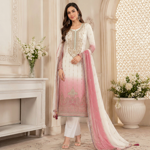 Salwar Kameez brodé blanc et rose pour femme avec dupatta, tenue traditionnelle indienne et pakistanaise, longueur ras du sol, coupe classique - Product Image 1