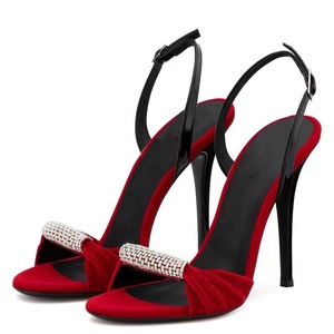 Sandales d'été à talons pour femmes, en daim rouge et noir, avec nœud, à bride cheville, bout pointu, légères - Product Image 1
