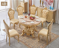 Table à manger royale européenne rectangulaire en chêne sculpté avec plateau en marbre, ensemble de table et chaises de haute qualité